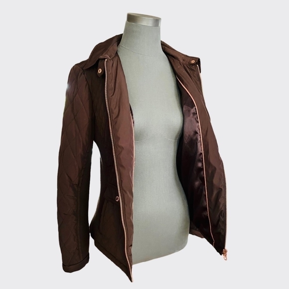 PER UNA Women’s Jacket Brown Quilted Jacket Rose Gold Zip Front Puffer - Picture 4 of 8